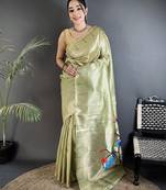 lime green tissue minakari plain zari weaving paithani saree
