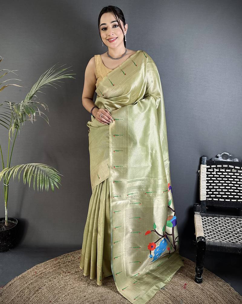 lime green tissue minakari plain zari weaving paithani saree