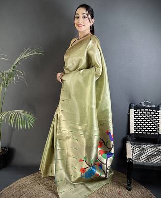 lime green tissue minakari plain zari weaving paithani saree 2
