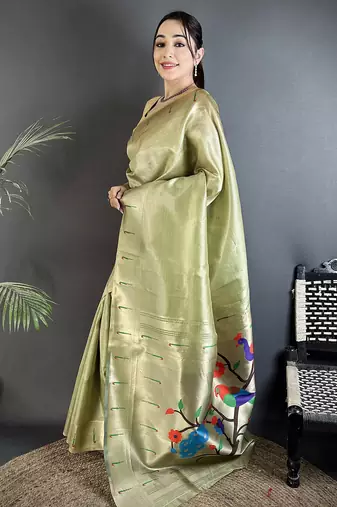 lime green tissue minakari plain zari weaving paithani saree