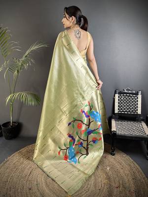 lime green tissue minakari plain zari weaving paithani saree 3