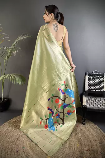 lime green tissue minakari plain zari weaving paithani saree
