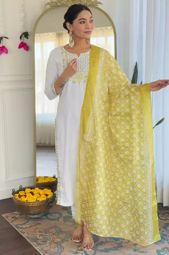 White embroidered viscose readymade salwar kameez