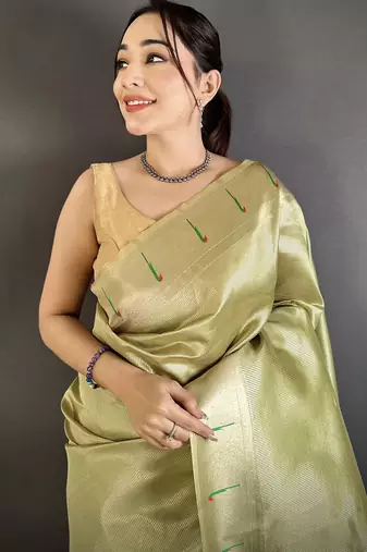 lime green tissue minakari plain zari weaving paithani saree