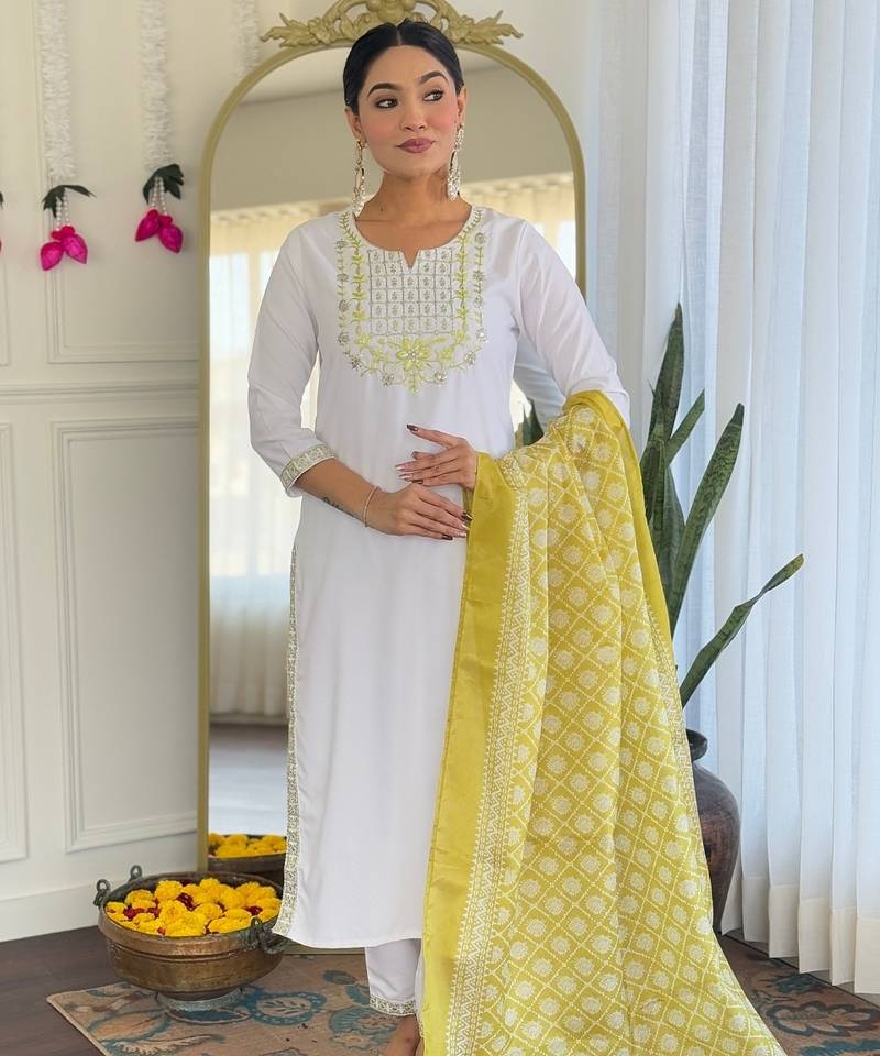 White embroidered viscose readymade salwar kameez