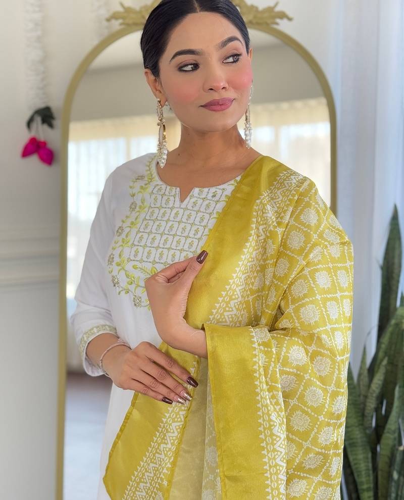 White embroidered viscose readymade salwar kameez