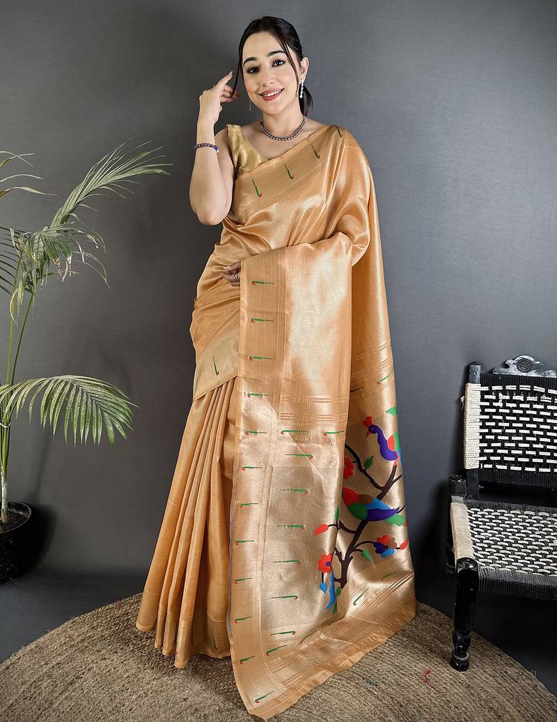 mustard gold tissue minakari plain zari weaving paithani saree