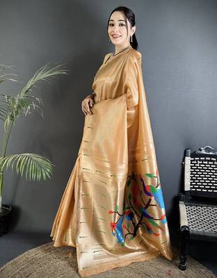 mustard gold tissue minakari plain zari weaving paithani saree 2