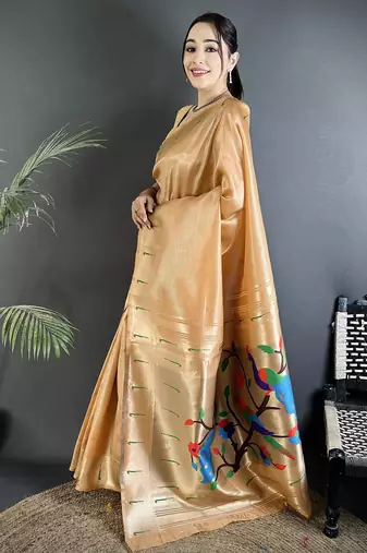 mustard gold tissue minakari plain zari weaving paithani saree