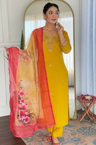 Salwar kameez embroidered rayon in mustard