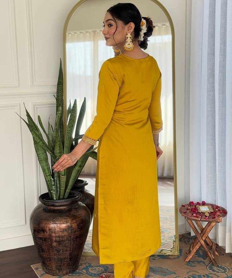 Salwar kameez embroidered rayon in mustard