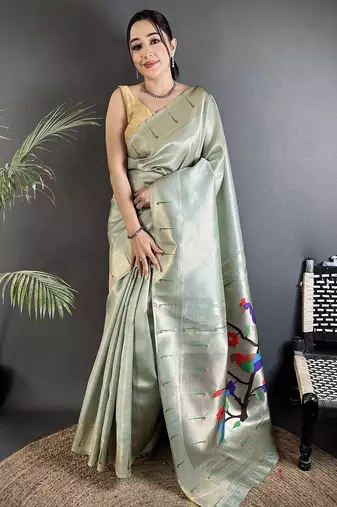 pastel green tissue minakari plain zari weaving paithani saree