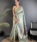 pastel green tissue minakari plain zari weaving paithani saree