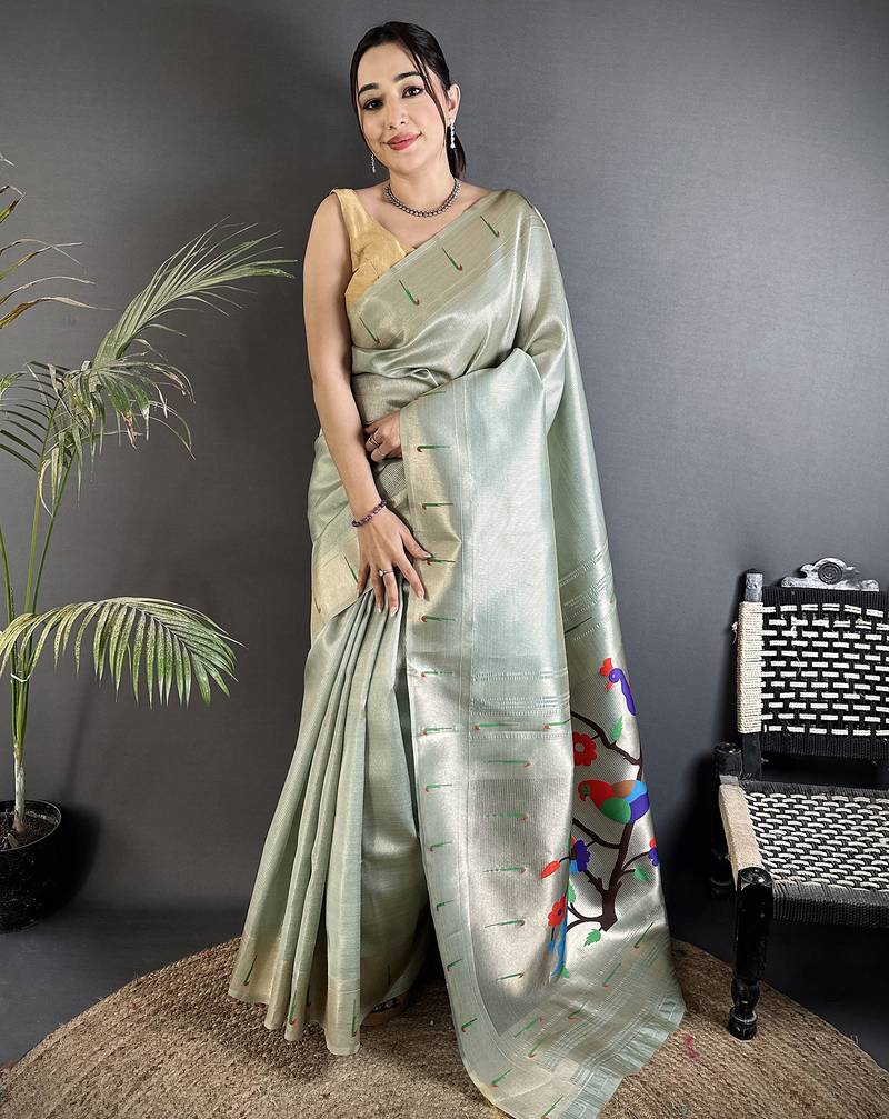 pastel green tissue minakari plain zari weaving paithani saree