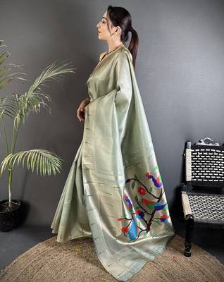 pastel green tissue minakari plain zari weaving paithani saree 2
