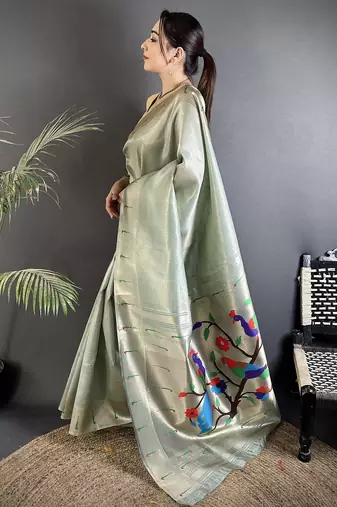 pastel green tissue minakari plain zari weaving paithani saree
