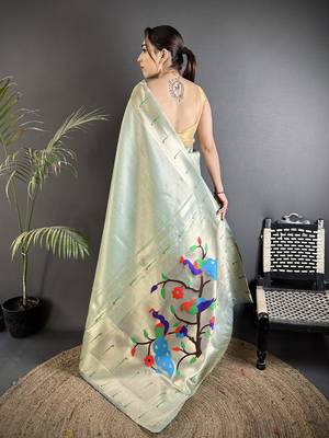 pastel green tissue minakari plain zari weaving paithani saree 3