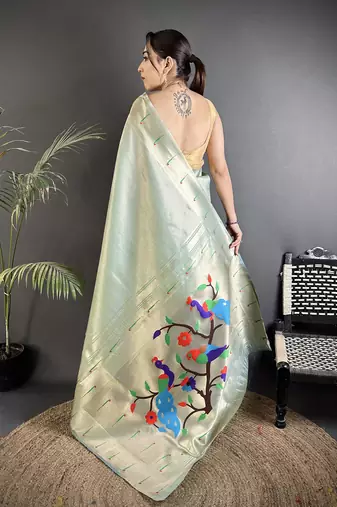 pastel green tissue minakari plain zari weaving paithani saree
