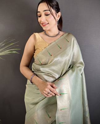 pastel green tissue minakari plain zari weaving paithani saree 4