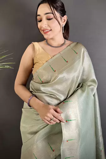 pastel green tissue minakari plain zari weaving paithani saree