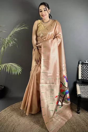 peach tissue minakari plain zari weaving paithani saree