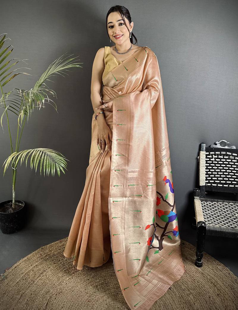 peach tissue minakari plain zari weaving paithani saree