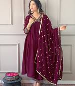 Vichitra silk wine embroidered designer salwar kameez