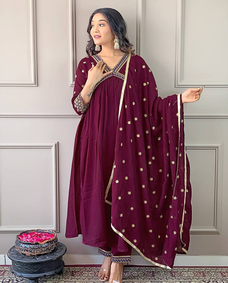 Vichitra silk wine embroidered designer salwar kameez