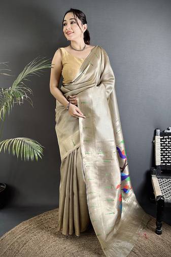 beige tissue minakari plain zari weaving paithani saree