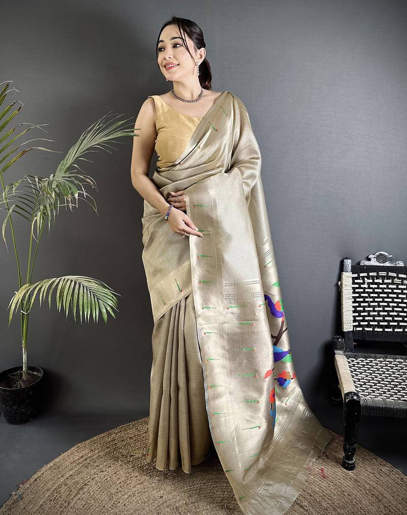 beige tissue minakari plain zari weaving paithani saree