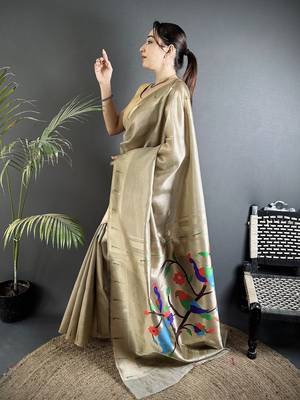 beige tissue minakari plain zari weaving paithani saree 2