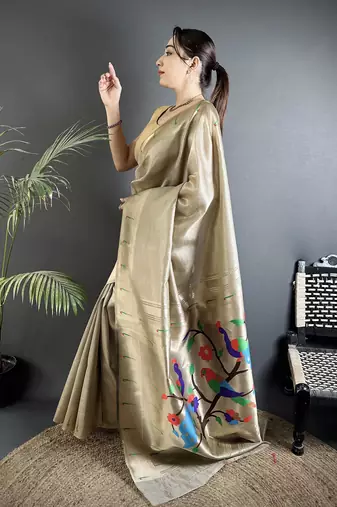 beige tissue minakari plain zari weaving paithani saree