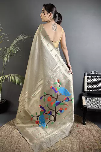 beige tissue minakari plain zari weaving paithani saree