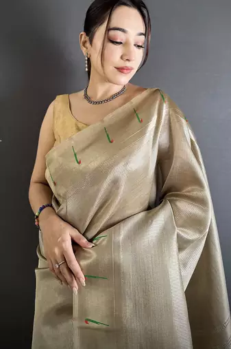 beige tissue minakari plain zari weaving paithani saree