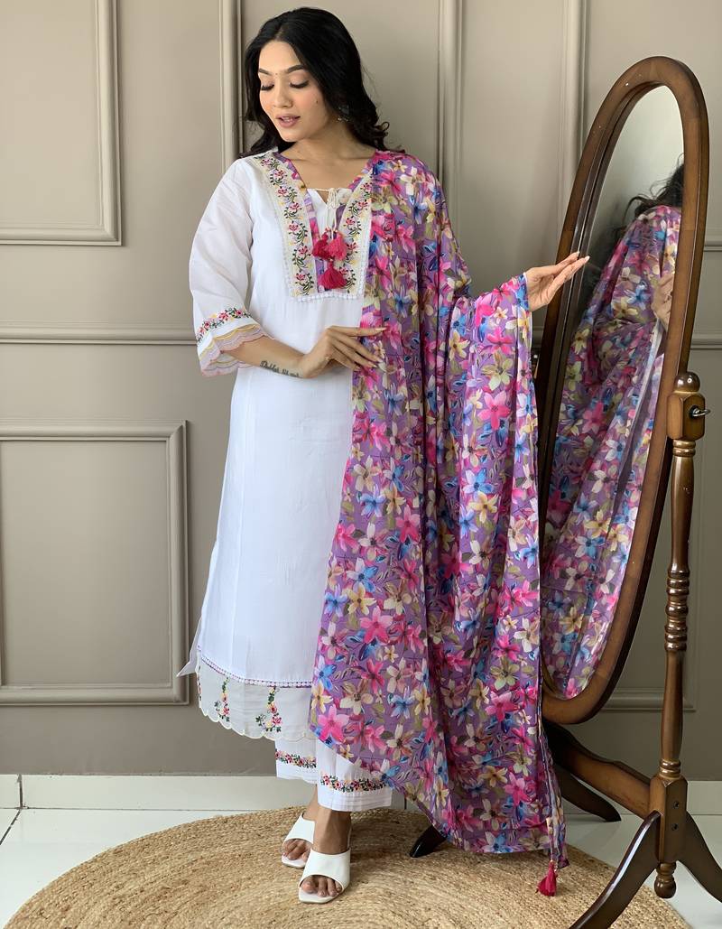 Embroidered white festival chanderi cotton readymade salwar kameez