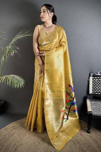 golden yellow tissue minakari plain zari weaving paithani saree