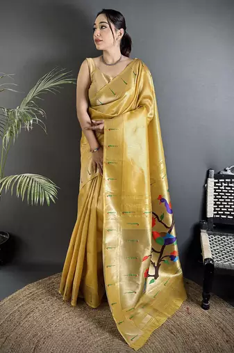golden yellow tissue minakari plain zari weaving paithani saree
