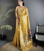 golden yellow tissue minakari plain zari weaving paithani saree