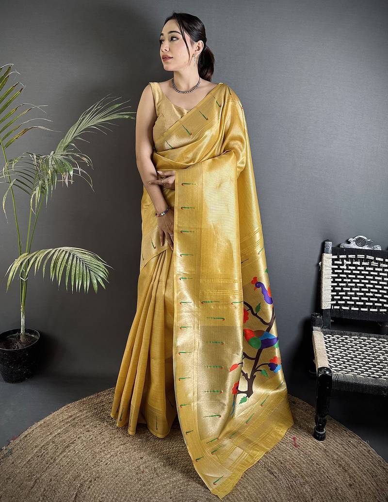 golden yellow tissue minakari plain zari weaving paithani saree