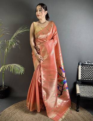 rust orange tissue minakari plain zari weaving paithani saree 1