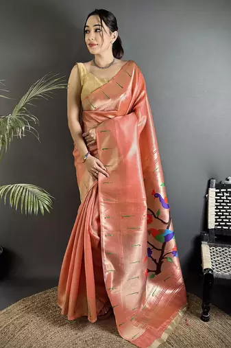 rust orange tissue minakari plain zari weaving paithani saree