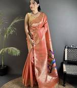 rust orange tissue minakari plain zari weaving paithani saree