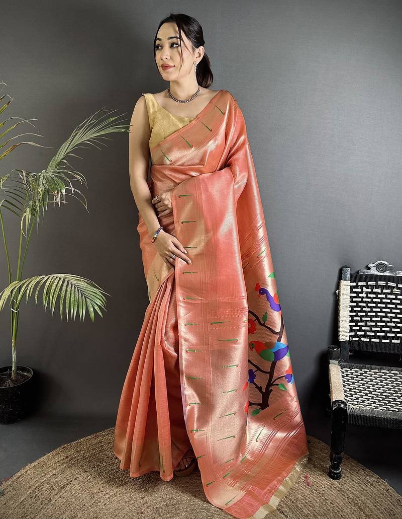 rust orange tissue minakari plain zari weaving paithani saree