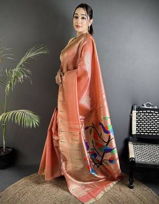 rust orange tissue minakari plain zari weaving paithani saree 2