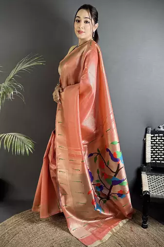 rust orange tissue minakari plain zari weaving paithani saree