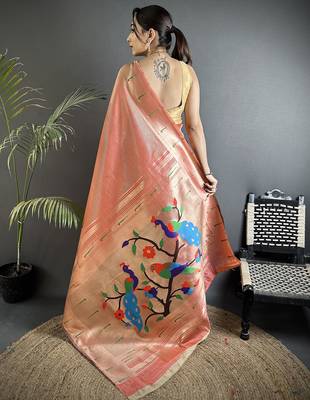 rust orange tissue minakari plain zari weaving paithani saree 3
