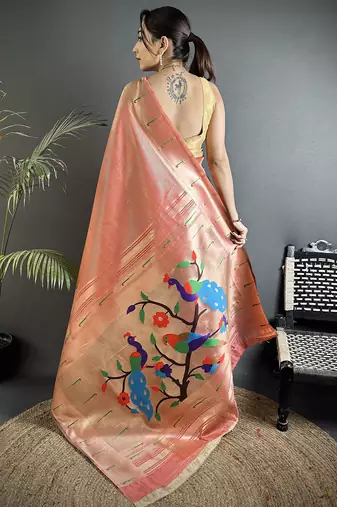 rust orange tissue minakari plain zari weaving paithani saree