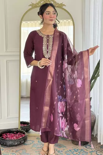 Embroidered wine rayon salwar suit for party