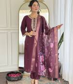 Embroidered wine rayon salwar suit for party