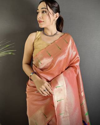 rust orange tissue minakari plain zari weaving paithani saree 4